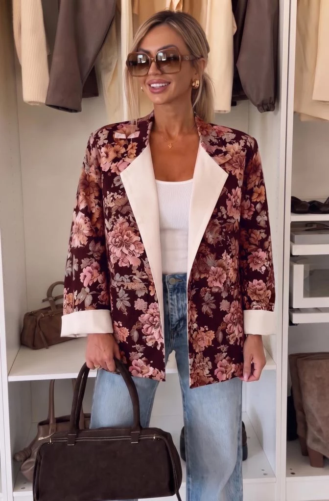 Clarissa Floral Suede-Effect Jacket with Contrast Lapels - Brown