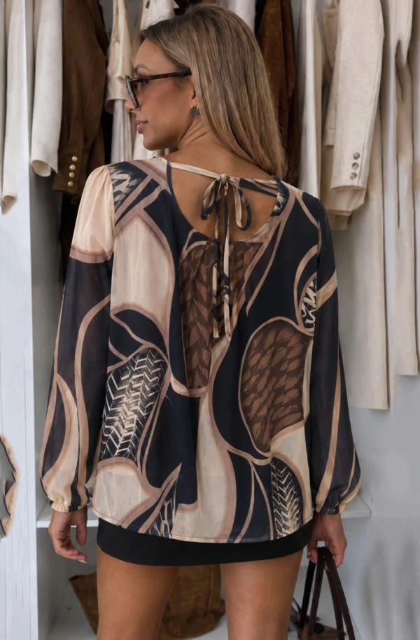 Jessamine Abstract Leaf-Print Tie-Back Blouse