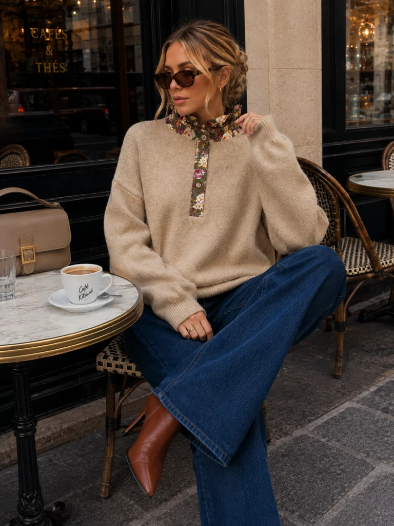 Alix floral-placket jumper, seated view showing relaxed sleeves and ribbed cuffs