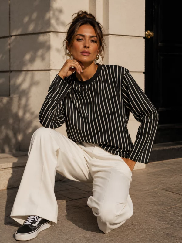 EA-TE506-2 Faustine striped T-shirt, seated view showing full-length sleeves