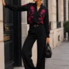 EA-CH170-2 Solene black floral-motif blouse, standing view showing long sleeves