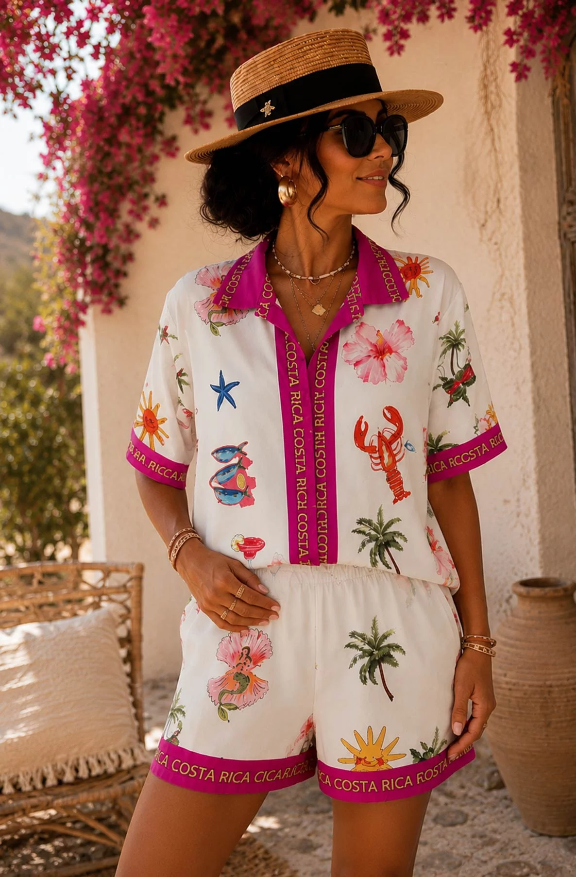 Lumi Costa Rica Print Contrast Two Piece Co-Ord Set-Hot Pink