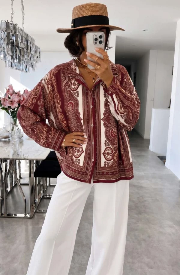 Emmeline Oversized Paisley Satin-Effect Shirt