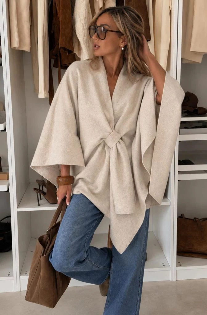 Isadora Wool-Effect Draped Loop-Front Cape - Beige
