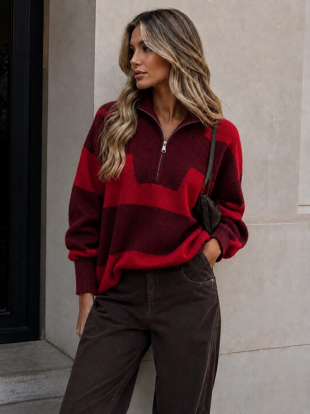 Eulalie Broad-Stripe Zip-Neck Jumper