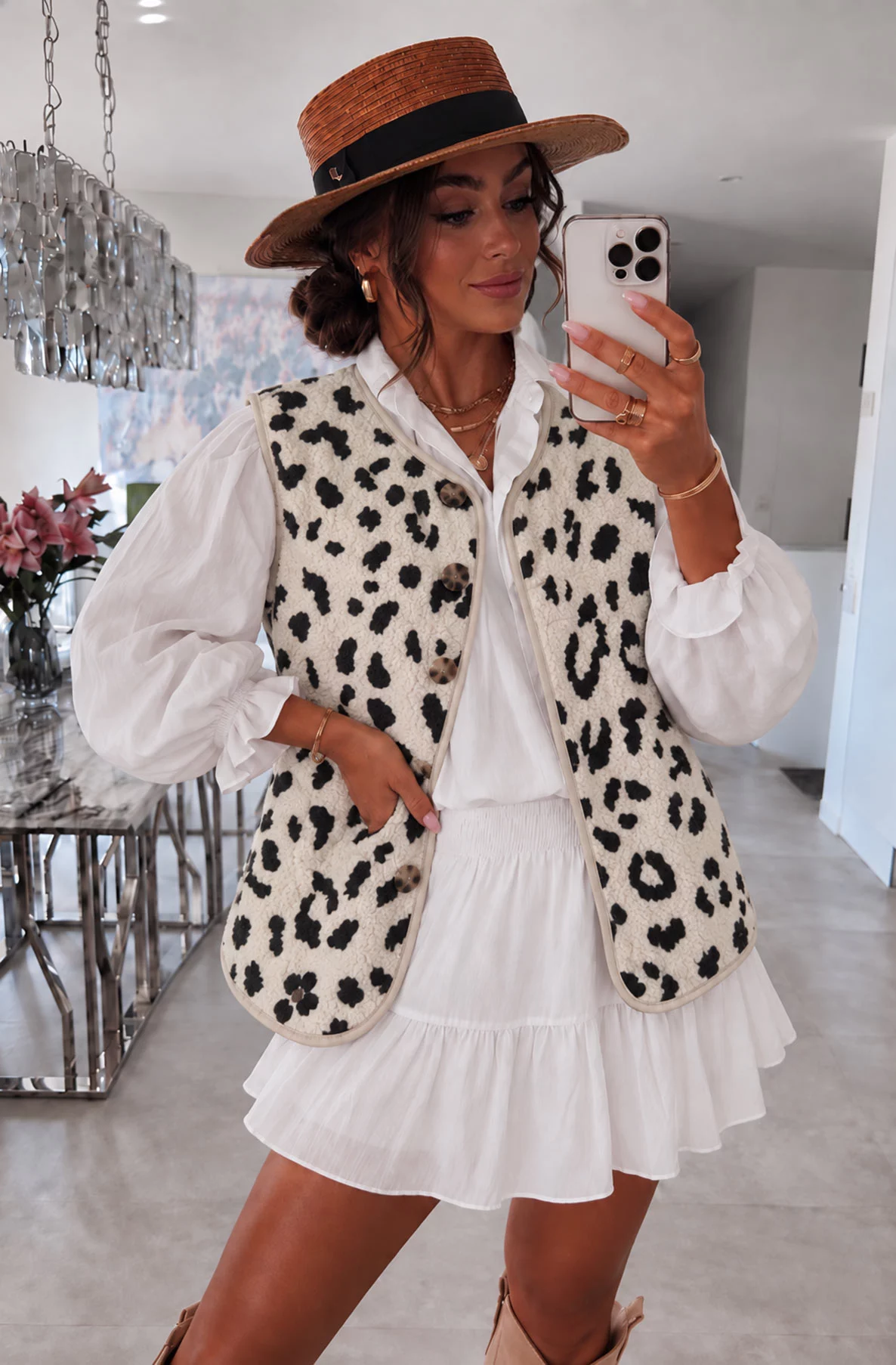Melisande Leopard-Print Teddy Gilet with Pockets