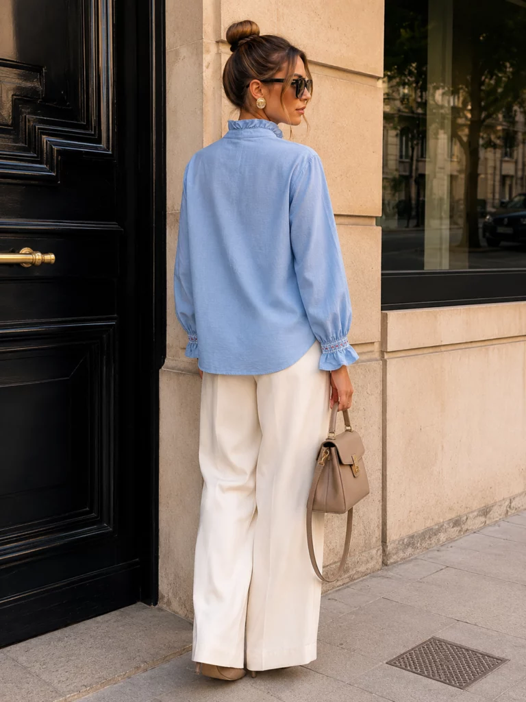 Lison blue blouse, plain rear view and curved hem