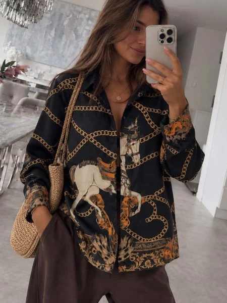 1984bf9e-5a8c-4589-a7b6-5a7eafc66df1 Rosalba Satin-Finish Equestrian Chain-Print Shirt