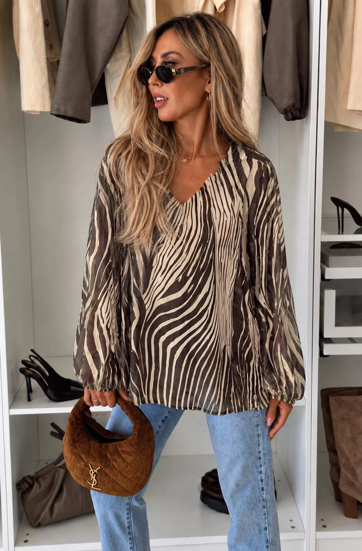 Heloise Animal-Print V-Neck Blouse with Gathered Cuffs