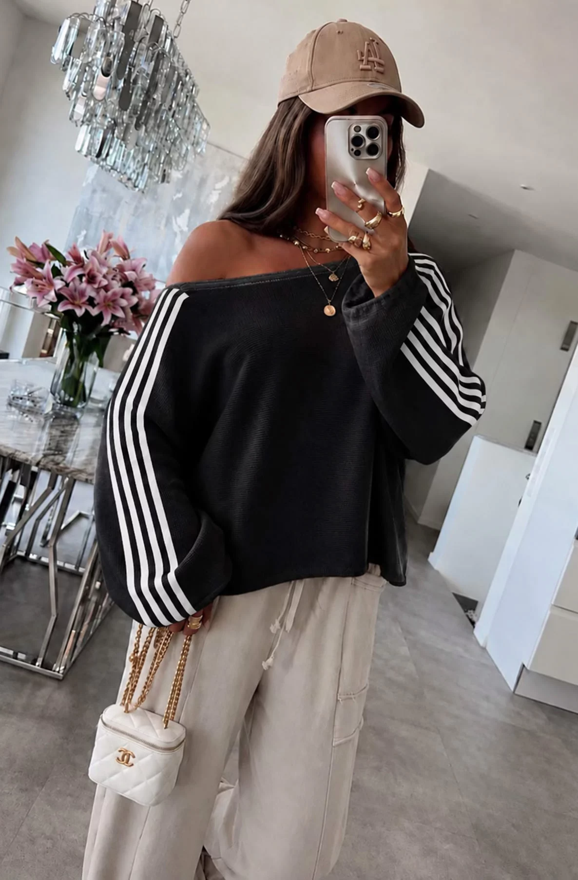 Florentina Off-Shoulder Jumper with Contrast Sleeve Stripes