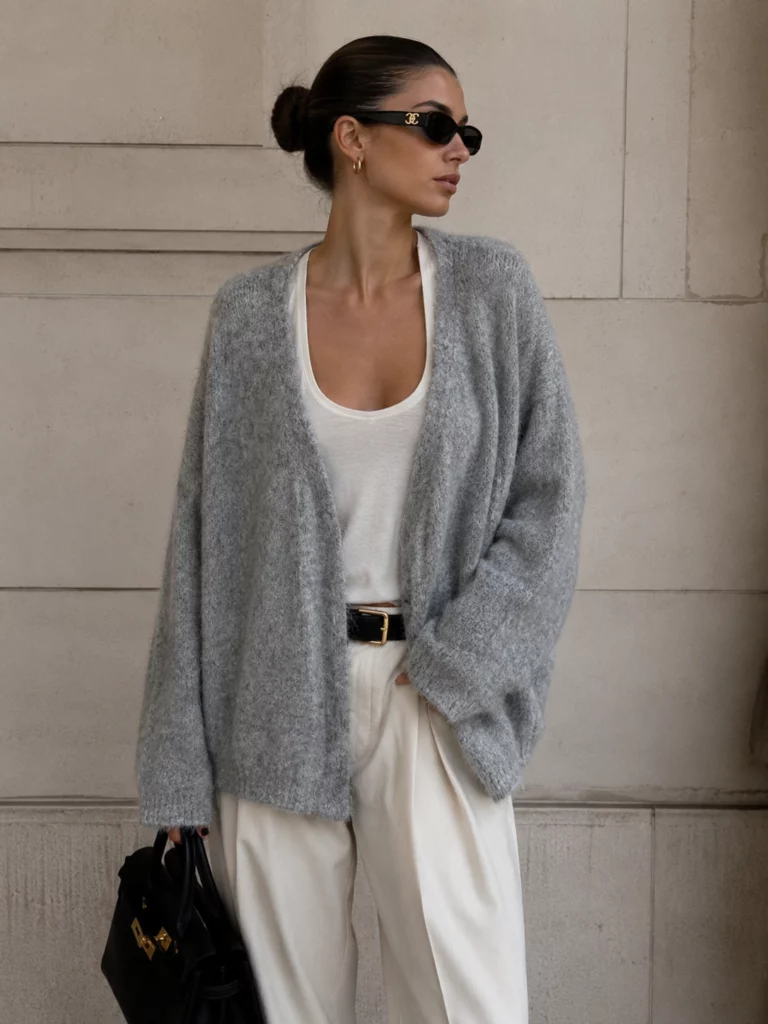 Isabeau Textured Open-Front Cardigan - Light Grey