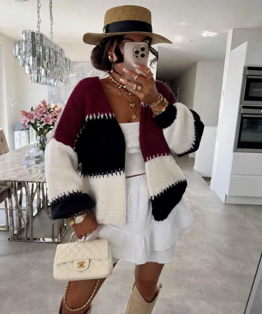 Marietta Tricolour Balloon-Sleeve Open Cardigan - Burgundy Black and Cream