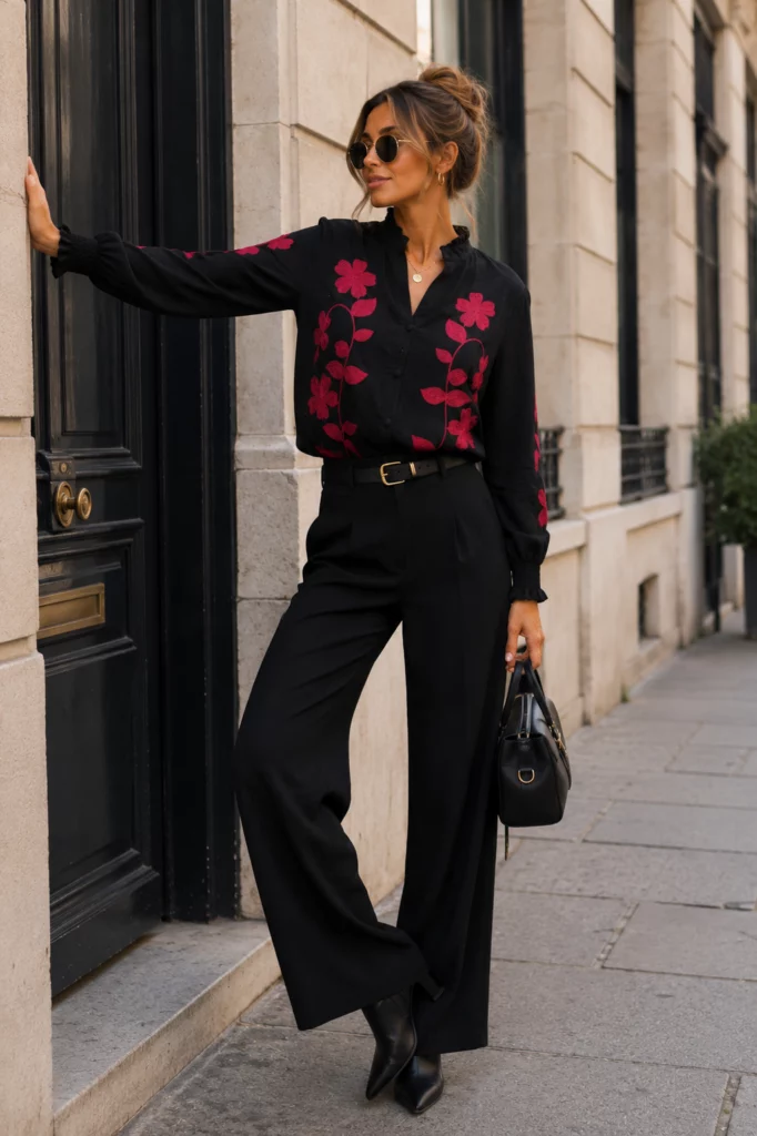 Solene black floral-motif blouse, standing view showing long sleeves