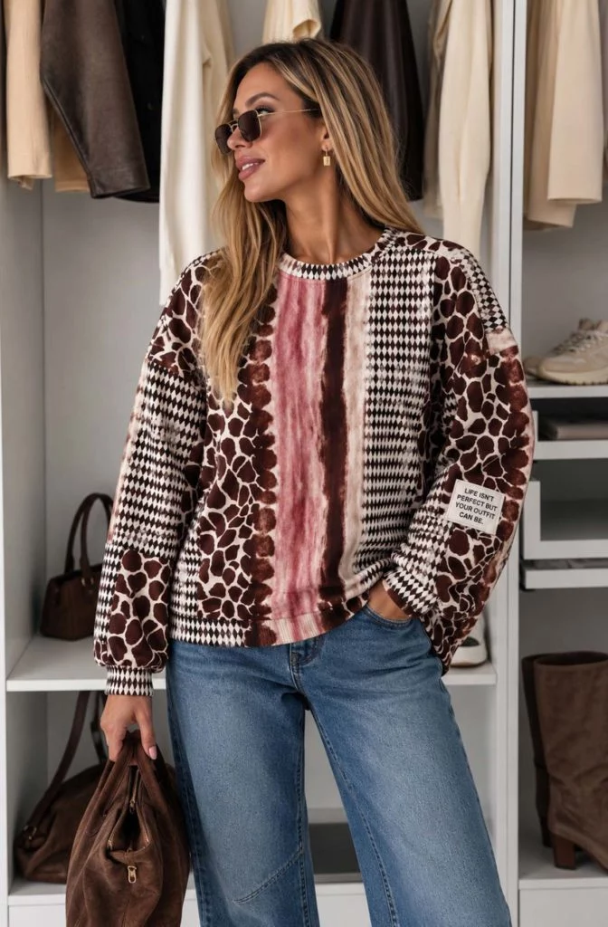 Lucinda Oversized Mixed Patchwork-Print Jumper - Brown