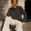 EA-TE506-2 Faustine striped T-shirt, seated view showing full-length sleeves