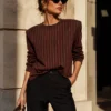 EA-TE506-3 Faustine brown-and-red striped T-shirt, front view and round neckline